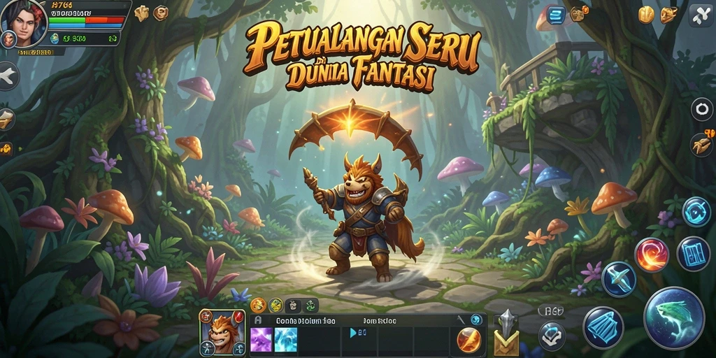 Screenshot menunjukkan karakter utama menjelajahi dunia fantasi yang menakjubkan.