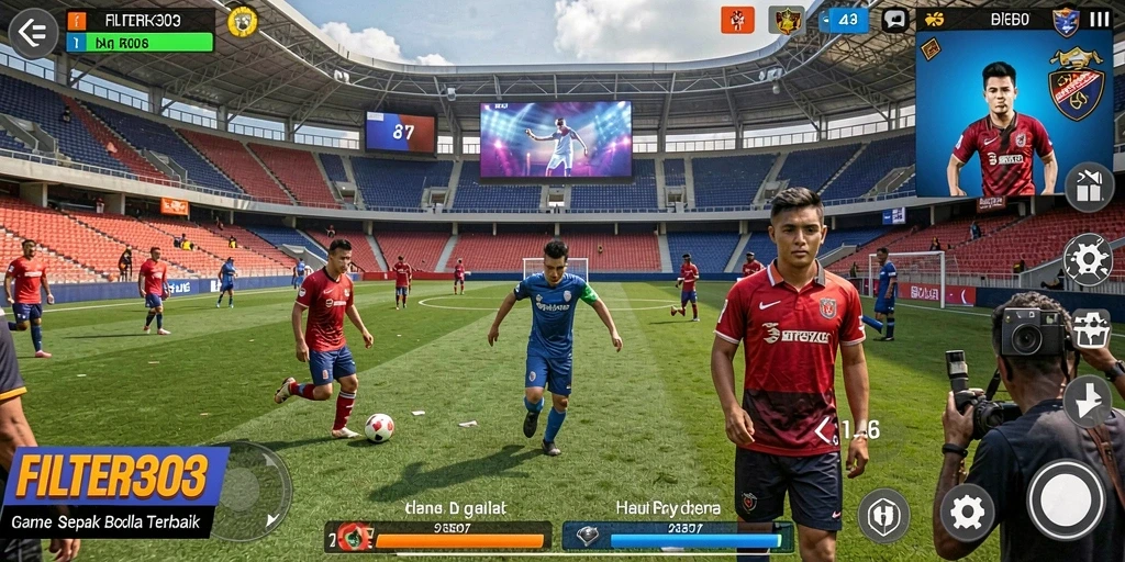 Screenshot gameplay FILTER303 yang menunjukkan aksi pertandingan sepak bola.