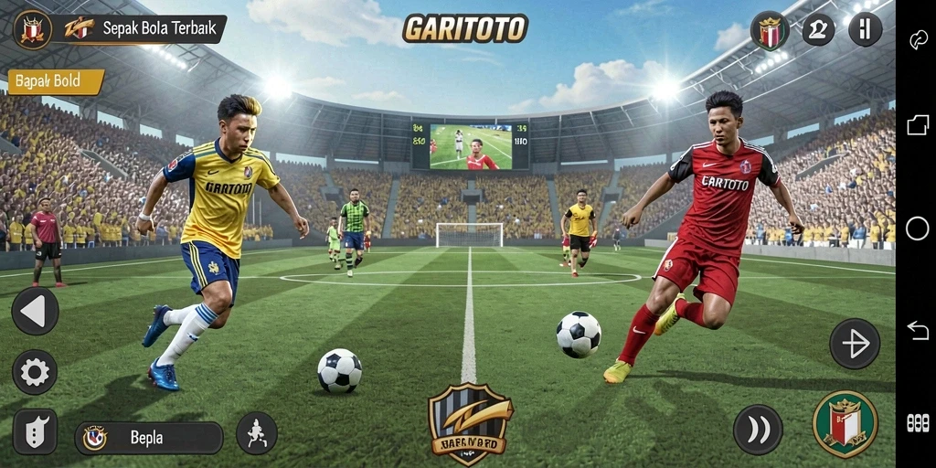 Tangkapan layar utama GARITOTO menampilkan aksi seru di lapangan sepak bola.
