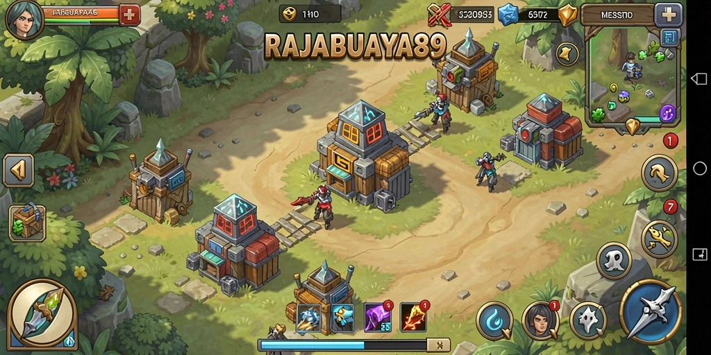 Screenshot gameplay RAJABUAYA89 menampilkan menara dan musuh yang berinteraksi.