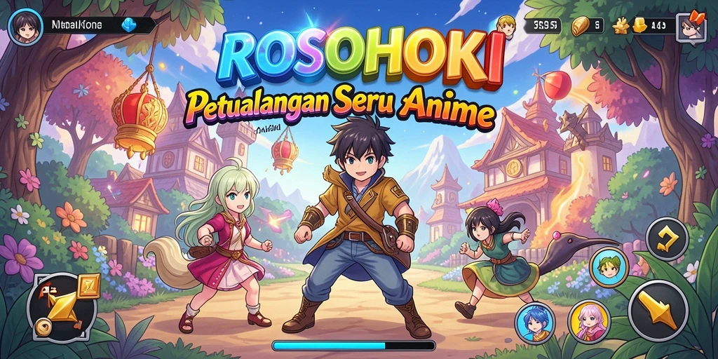 Tampilan gameplay ROSOHOKI yang penuh warna dan karakter anime menarik.