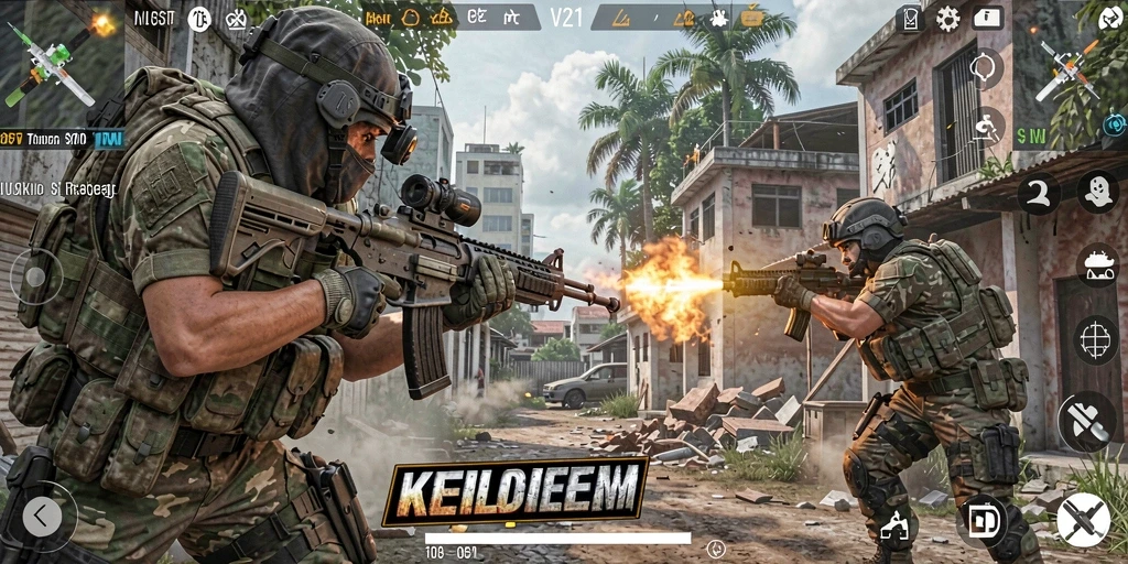 Gameplay V21 dengan aksi tembak-menembak yang seru dan mendebarkan.
