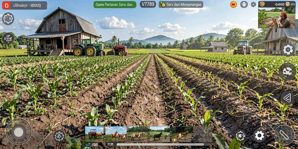 Tampilan gameplay VT789 dengan ladang yang subur dan tanaman yang berkembang.